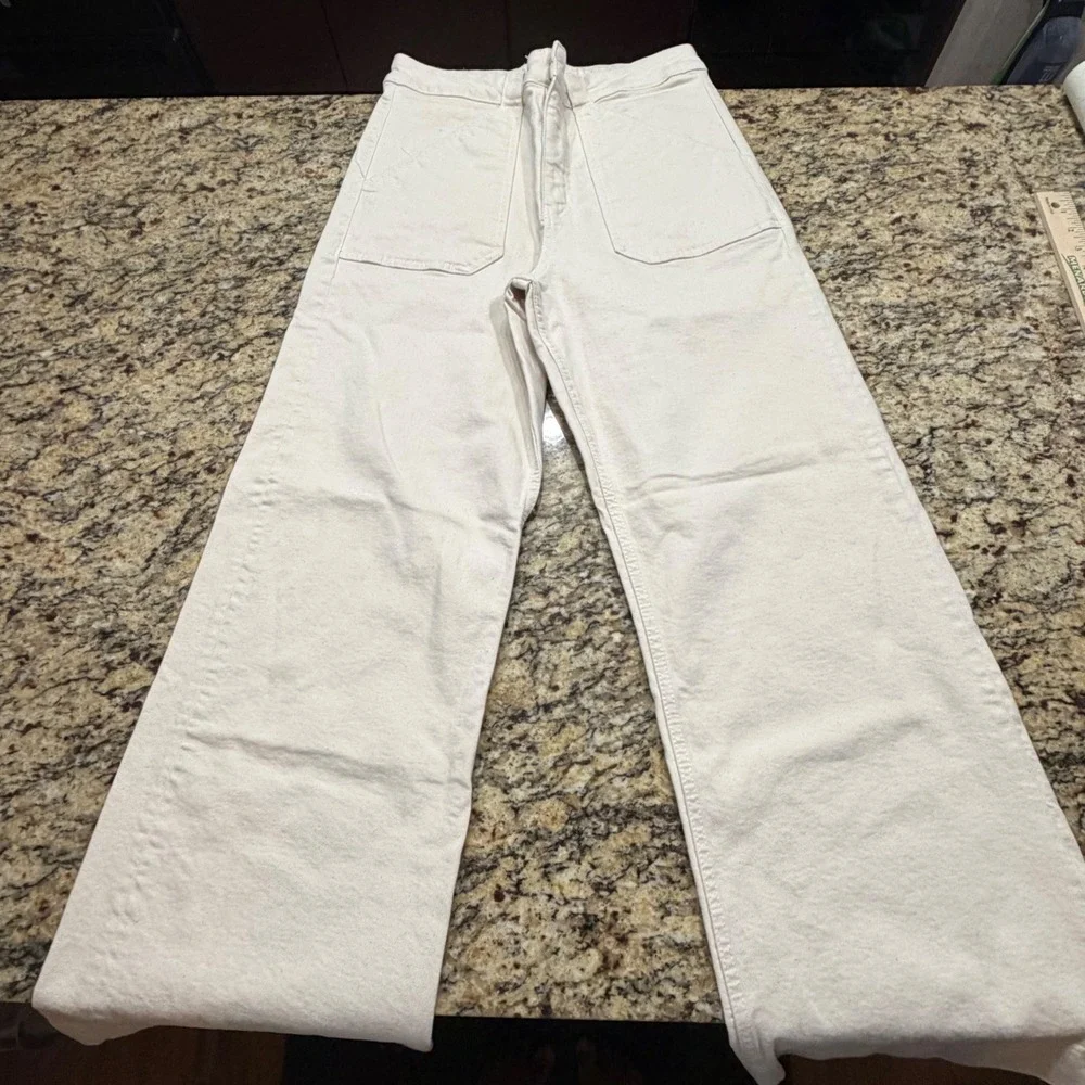 Zara Women Cream High Waisted Wide Leg Marine Pants Size 10 Off White Pocket ws